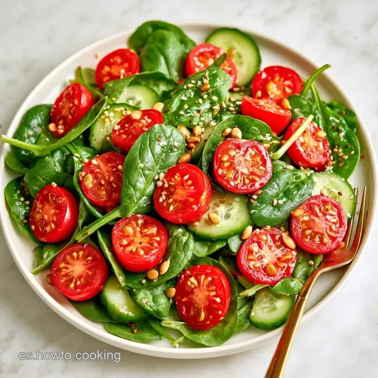 Ensalada fresca dispuesta con elegancia, hojas crujientes bañadas en una vinagreta brillante sobre un plato mate.