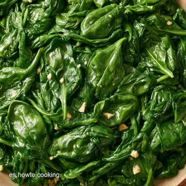 Montón elegante de hojas verdes salteadas con brillo aceitoso, servidas en cerámica gris con una pizca de pimienta.