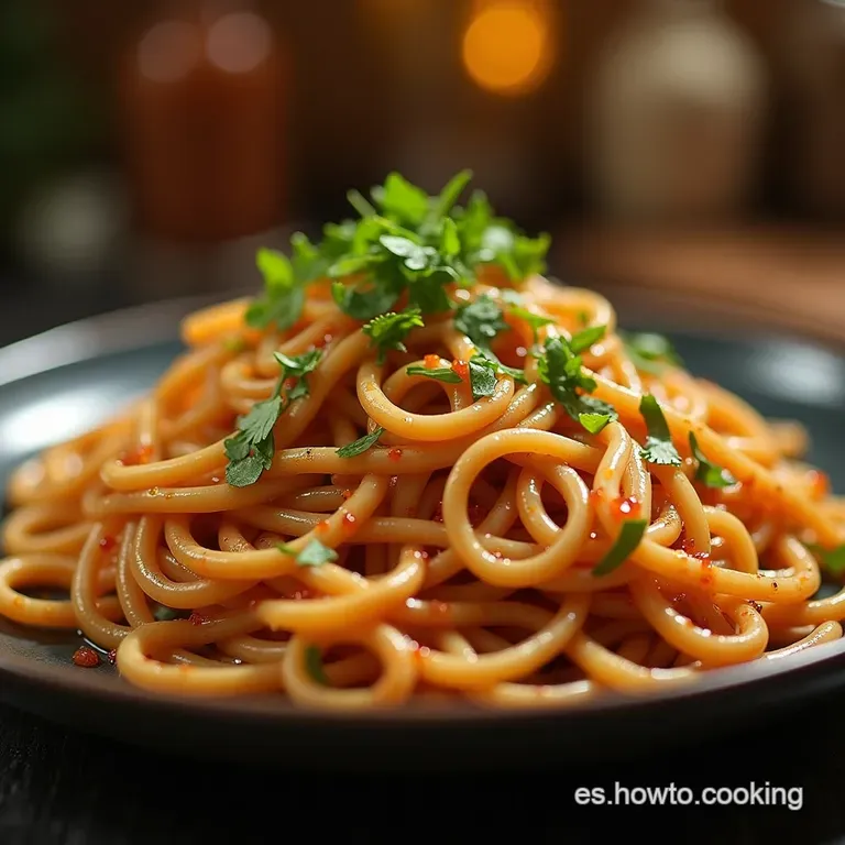 Salteado Maestro De Fideos Chinos Lo Mein Con Tiras De Res Y Jard&iacute;n Crujiente presentation