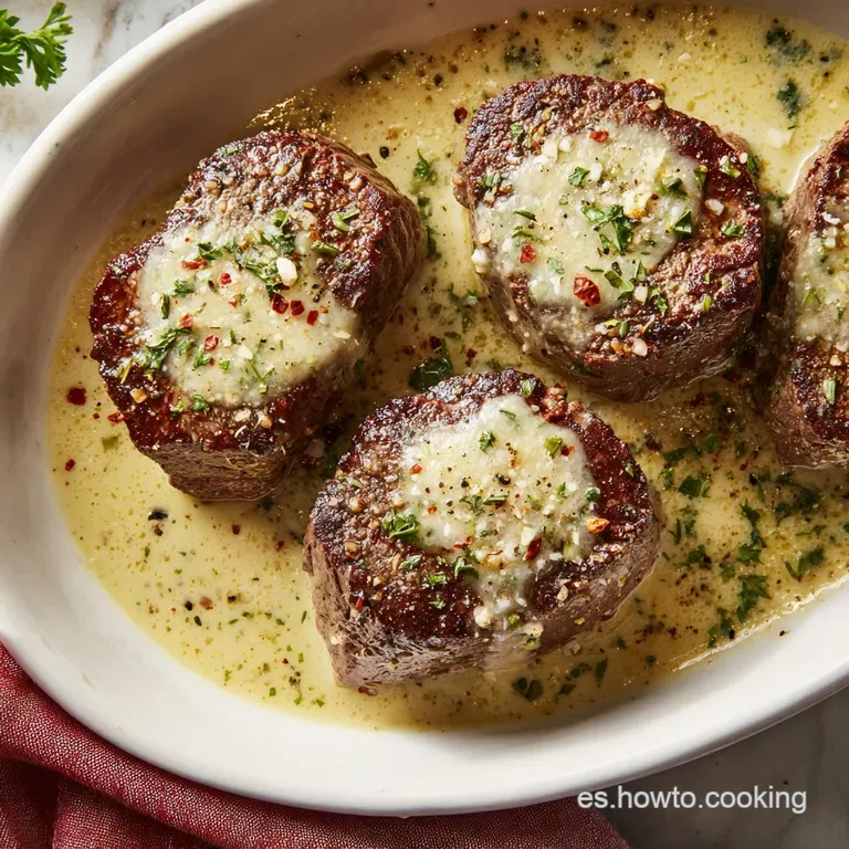 Carne sellada al punto dispuesta con una salsa aterciopelada color crema y un toque de verde fresco en plato blanco.