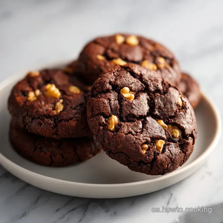 Tres galletas circulares de chocolate oscuro apiladas en un plato blanco, decoradas con almendras laminadas crujientes.