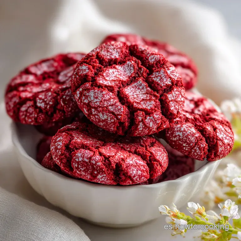 A rustic wooden board showcasing a pile of delicate, deep red cookies with intricate fractured surfaces.
