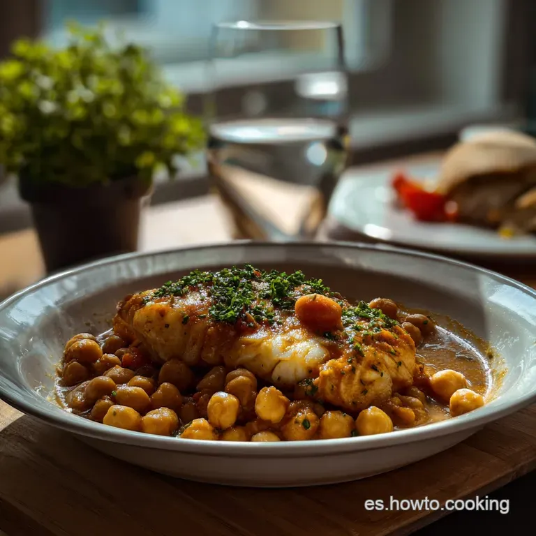 Plated stew with creamy chickpeas, tender cod, and bright parsley garnish. A drizzle of golden oil adds richness.