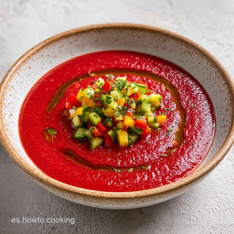 Crema roja vibrante servida en copa de cristal, decorada con hilos de aceite y dados perfectos de pepino y pimiento.