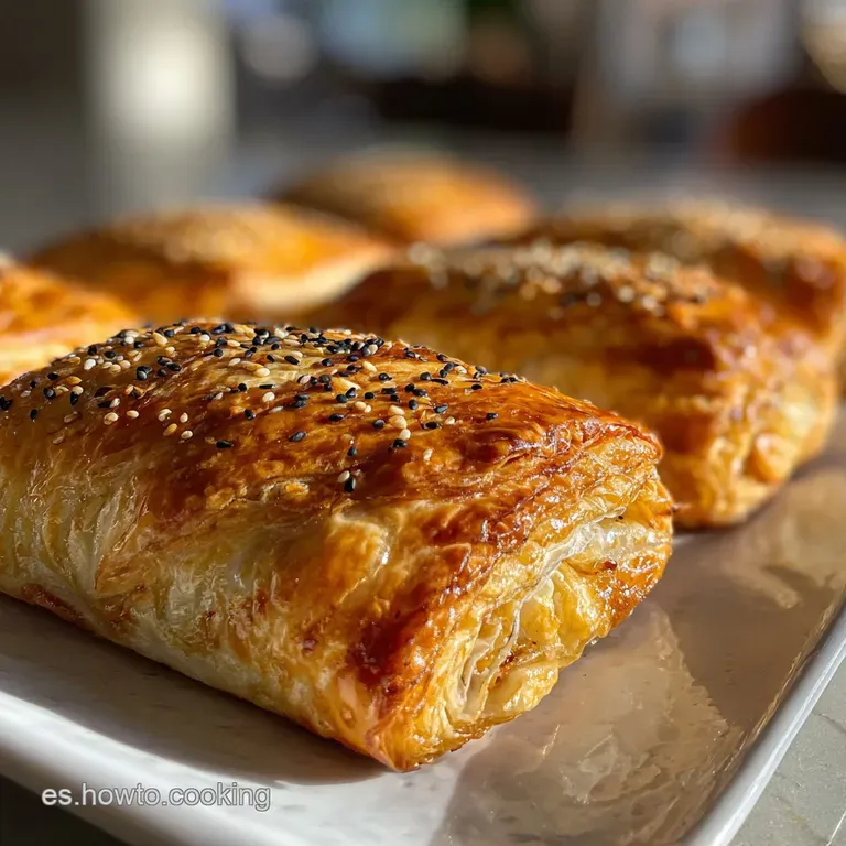 Elegant serving of golden puff pastry, showcasing the creamy filling and garnished with a sprig of fresh herbs for visual ...