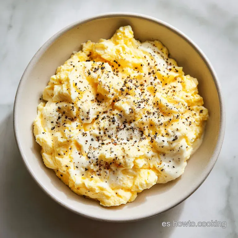 Mont&oacute;n suave de huevos amarillos sobre cer&aacute;mica blanca, decorados con cebollino verde picado y pimienta negra.