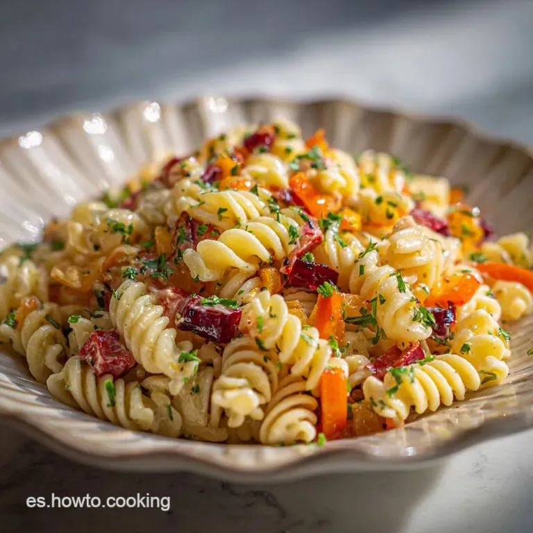 A bright and refreshing pasta salad artfully arranged on a white plate, showcasing the varied shapes and textures of the i...