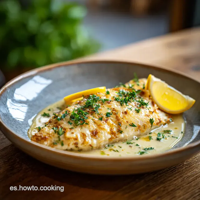 Perfectly golden sole meuni&egrave;re, plated elegantly with a wedge of lemon and a sprig of fresh herbs against a light background.