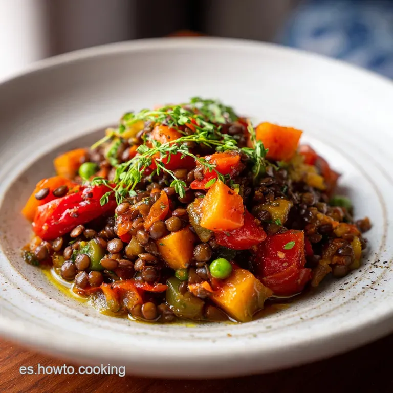 Steaming bowl of verdant lentil stew, highlighting diced vegetables. A rustic presentation with a sprinkle of fresh herbs ...
