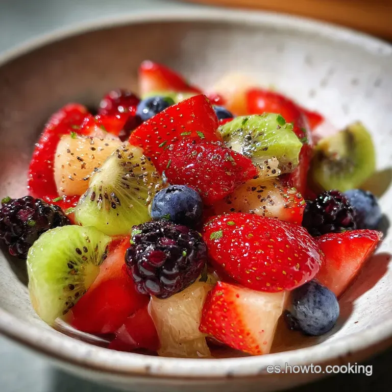Elegant fruit salad in a glass bowl, topped with fresh mint. Colorful diced fruit layered for a refreshing dessert.