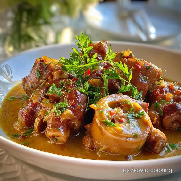 Plated pork trotters in a deep, flavorful sauce. Garnished with fresh parsley, showcasing the tender texture and vibrant c...