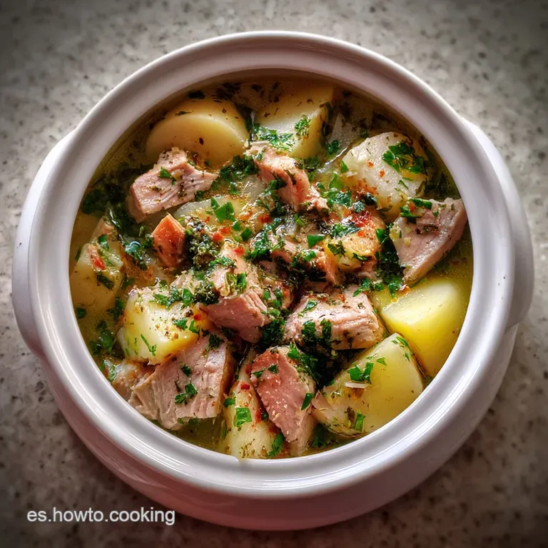 Elegant serving of Basque tuna stew. Tender tuna pieces amongst colorful potatoes and bell peppers. Garnished with fresh p...