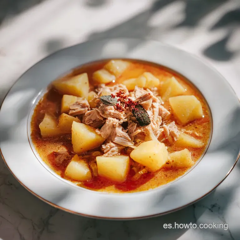 A vibrant bowl of tuna stew with flaky fish, soft potatoes, and bell peppers, garnished with parsley; steam rising indicat...
