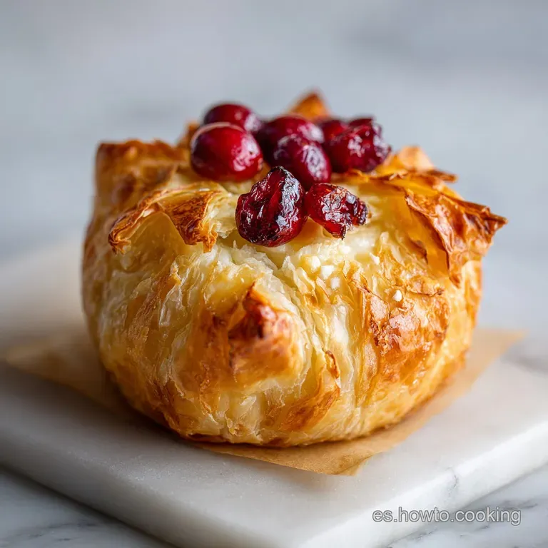 Elegant appetizer: Brie and blueberry pastries on a white plate, garnished with fresh thyme, showcasing the golden crust.