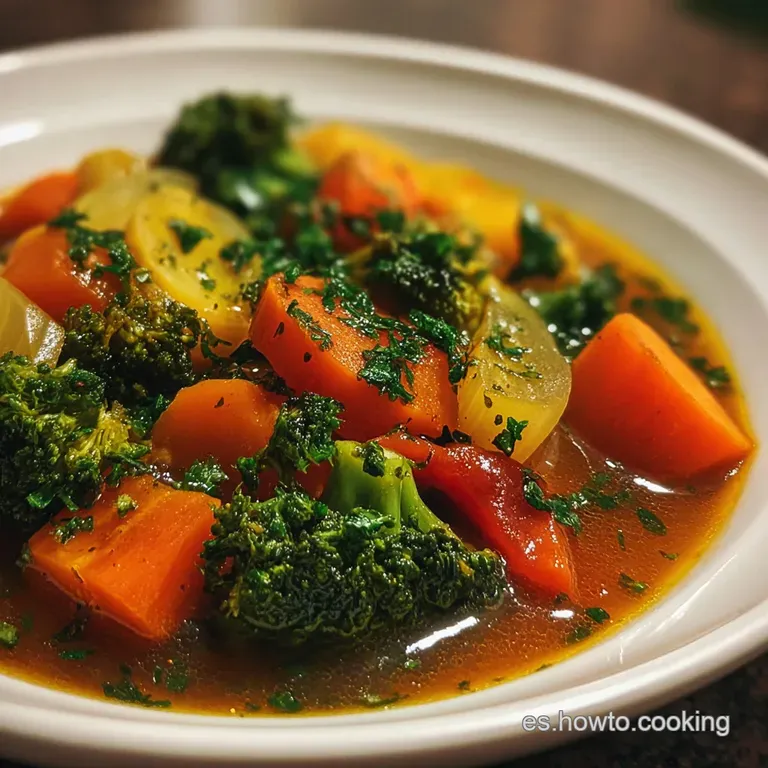 A bright plate of verdant menestra. The mix of green vegetables, tender artichokes, and carrots creates an inviting, color...