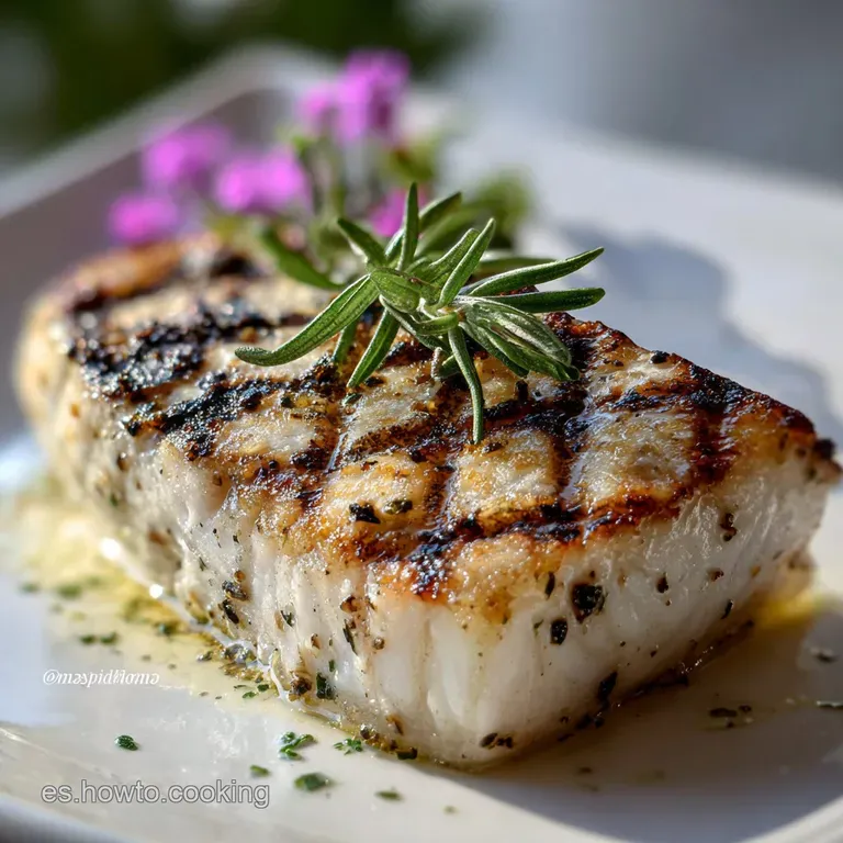 Perfectly seared white fish fillet with bright lemon slice, parsley sprig, and a drizzle of oil glistening under warm rest...
