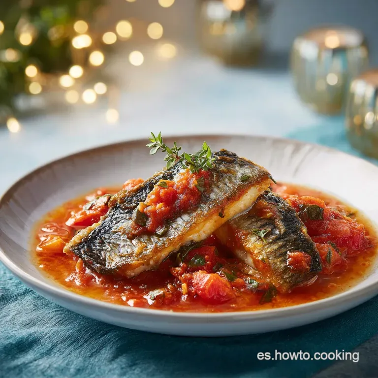 Delicate white fish fillet resting in rich red sauce, adorned with a sprig of fresh rosemary.