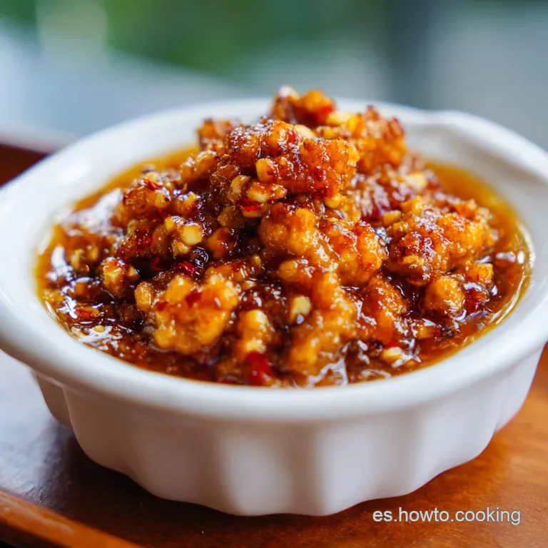 Mojo Pic&oacute;n drizzled artfully over wrinkled potatoes; vibrant red against earthy brown, hint of spice; cilantro garnish.