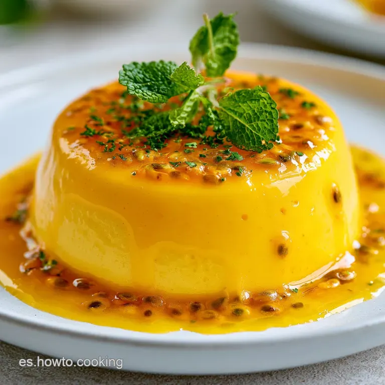 Copa de cristal con crema amarilla aireada, decorada con una hoja de menta verde y gotas de alm&iacute;bar dorado brillante.