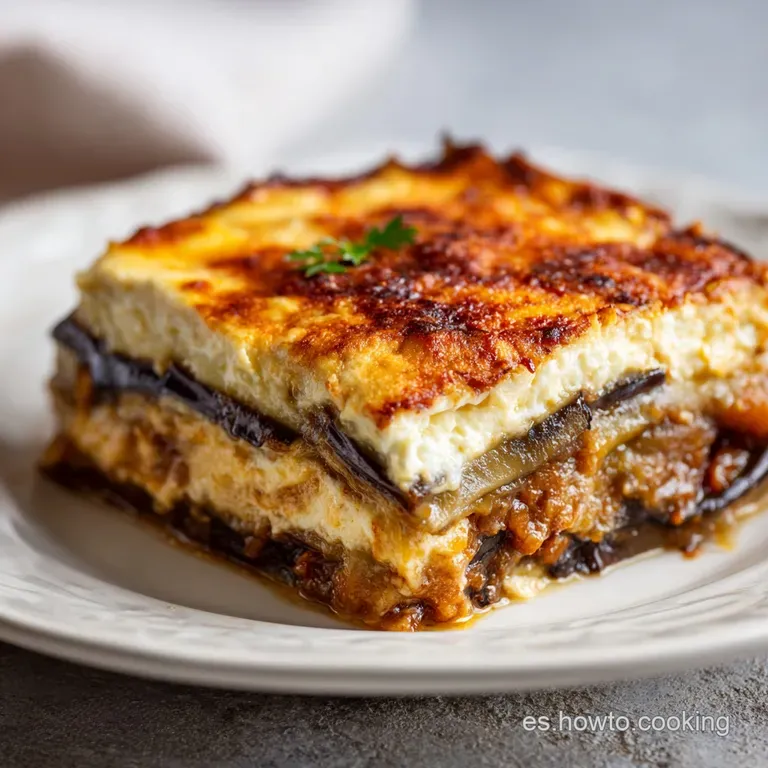 Slice of moussaka on a white plate, showcasing eggplant and meat layers. Topped with a creamy, golden crust, lightly brown...