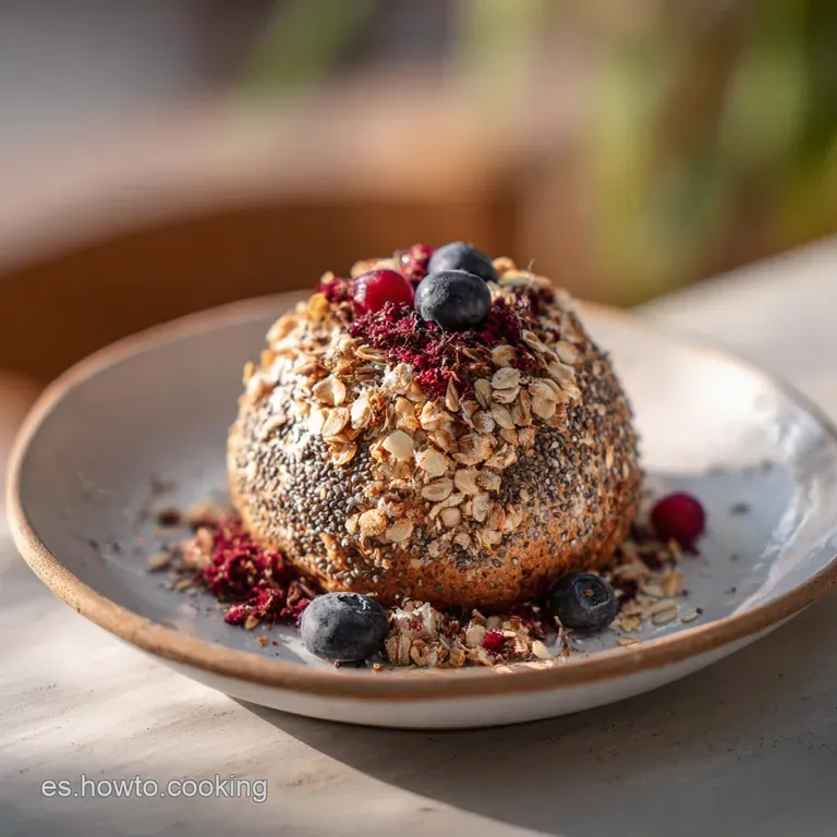 Slice of crusty oat and chia bread on a plate, steam rising from a hot beverage. Simple, comforting, breakfast presentation.