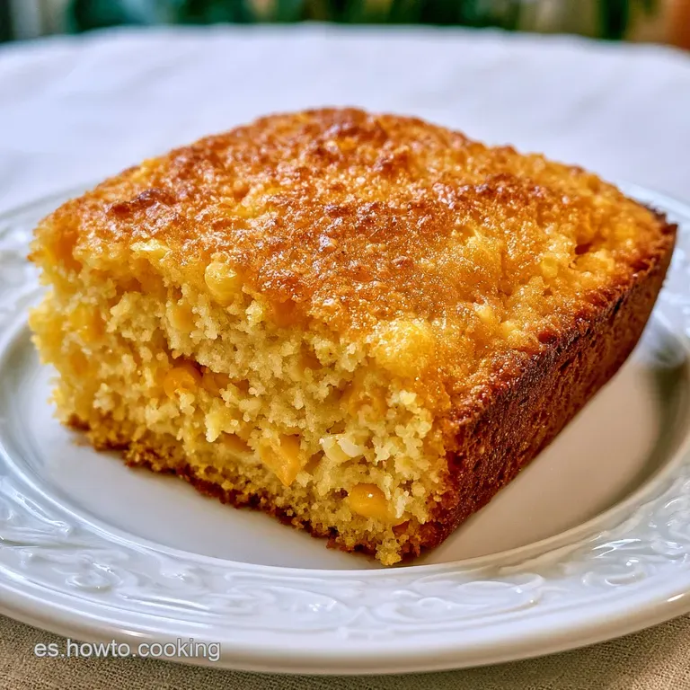 Rebanada de bizcocho amarillo h&uacute;medo sobre plato blanco, con textura esponjosa y una superficie ligeramente caramelizada.