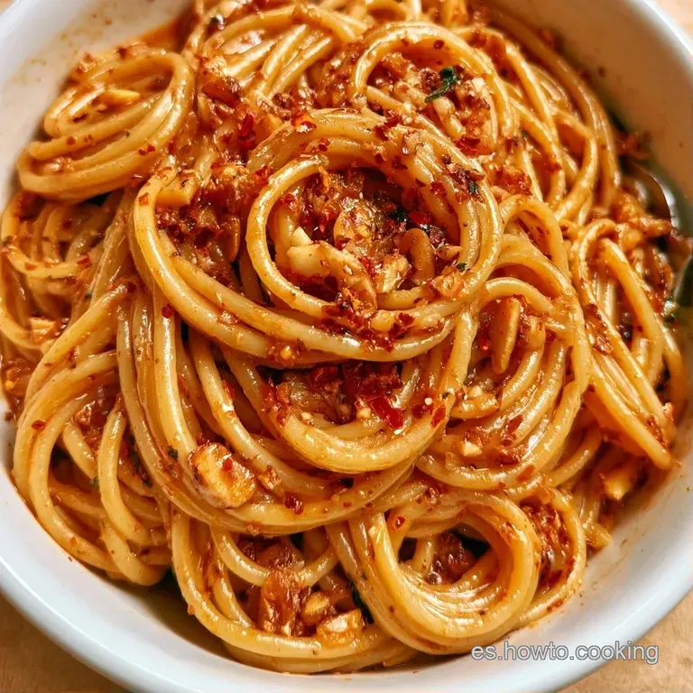 Espiral de pasta dorada y brillante, adornada con finos trozos de ajo crujiente y hojas verdes sobre fondo neutro.