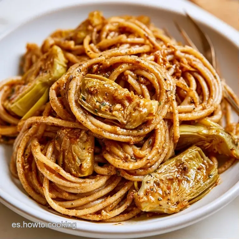Plato blanco minimalista con pasta entrelazada, corazones de alcachofa dorados y gotas de aceite de oliva virgen.