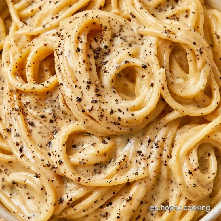 Pasta enrollada en el centro del plato con salsa brillante, lluvia de queso rallado y granos de pimienta molida negra.