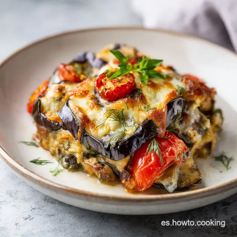 Slice of layered eggplant casserole, showcasing creamy ricotta and vibrant tomato sauce. Garnished with fresh basil, invit...