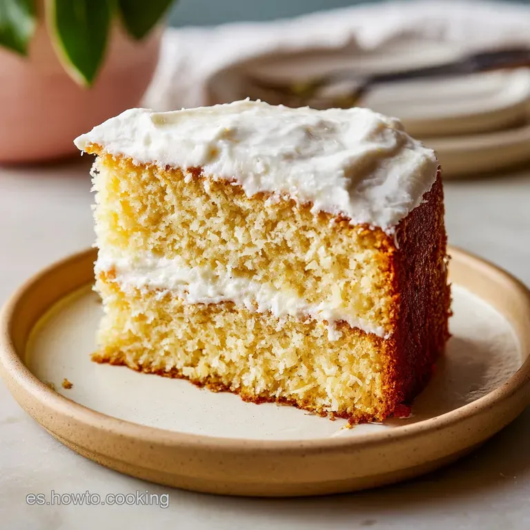 Slice of light coconut cake on a white plate, dusted with powdered sugar, showcasing its delicate, airy crumb.