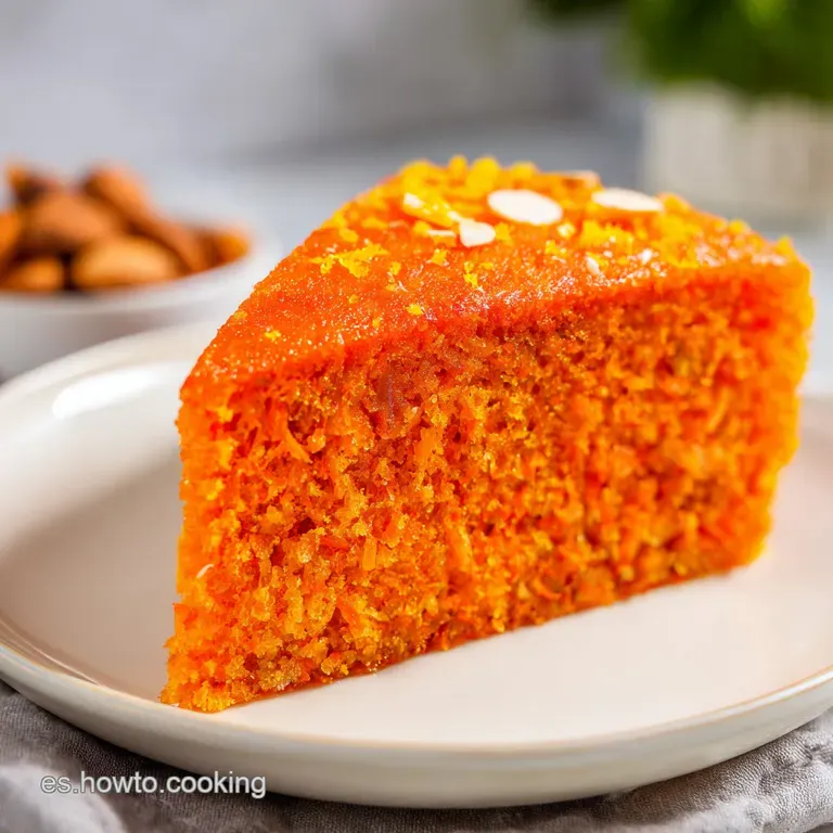 Porci&oacute;n de bizcocho h&uacute;medo y anaranjado en plato blanco, adornada con almendras crujientes y una rodaja de naranja fresca.