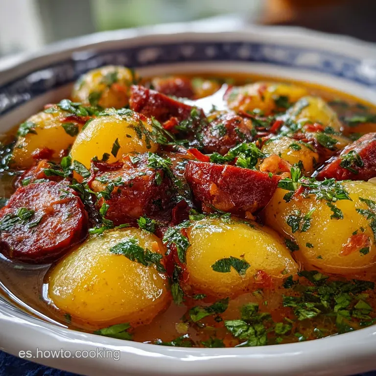 Steaming plate of 'Patatas a la Riojana': soft potatoes, savory chorizo, and vibrant peppers in a hearty, seasoned broth.