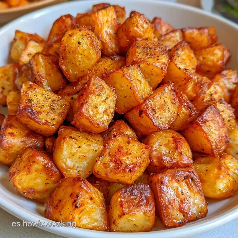 Patatas asadas en tonos ocres dispuestas con cuidado, adornadas con hierbas verdes sobre una superficie de piedra gris.
