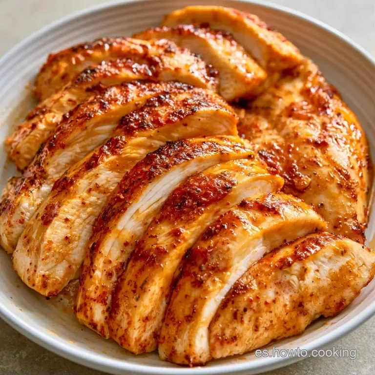 Filetes de pollo tostados dispuestos artísticamente junto a espárragos verdes vibrantes en un plato de cerámica oscuro.