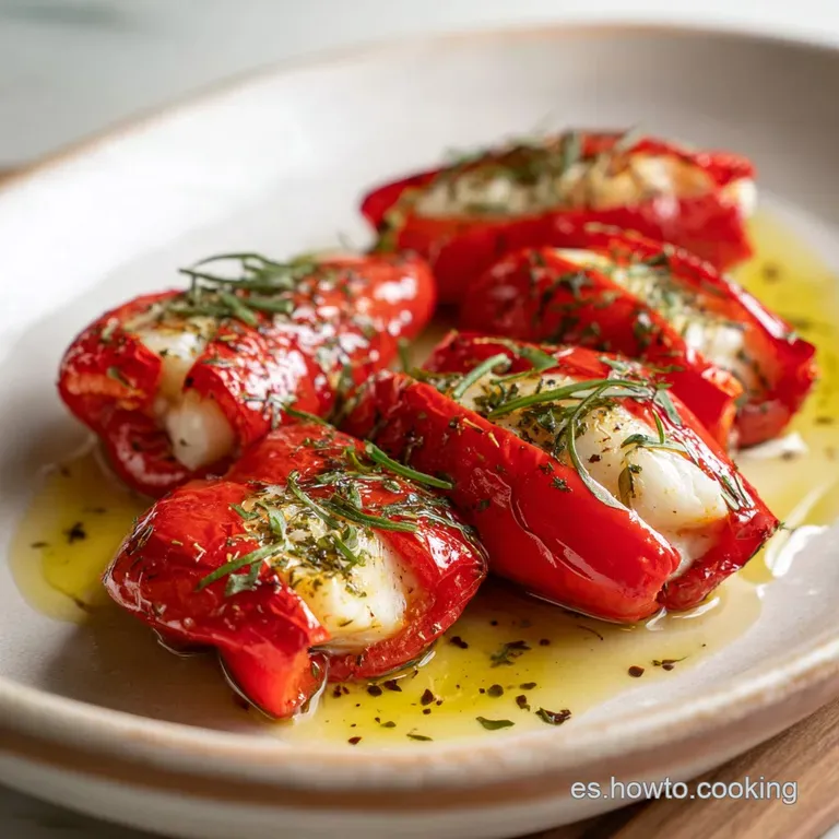 Elegant plate featuring glistening, roasted piquillo peppers with visible creamy filling; parsley garnish adds freshness a...