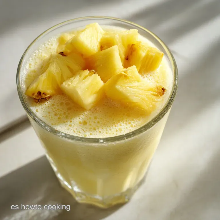 Copa alta con l&iacute;quido blanco espumoso, virutas de coco blanco encima y una hoja de menta verde sobre fondo luminoso.
