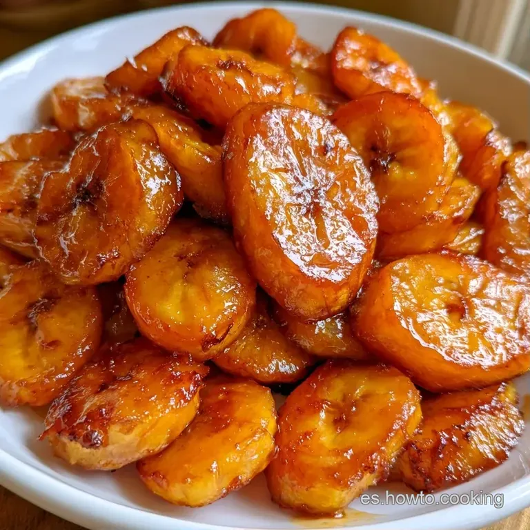 Plátanos fritos dispuestos en abanico, con un brillo aceitoso y color amarillo miel sobre cerámica oscura mate.