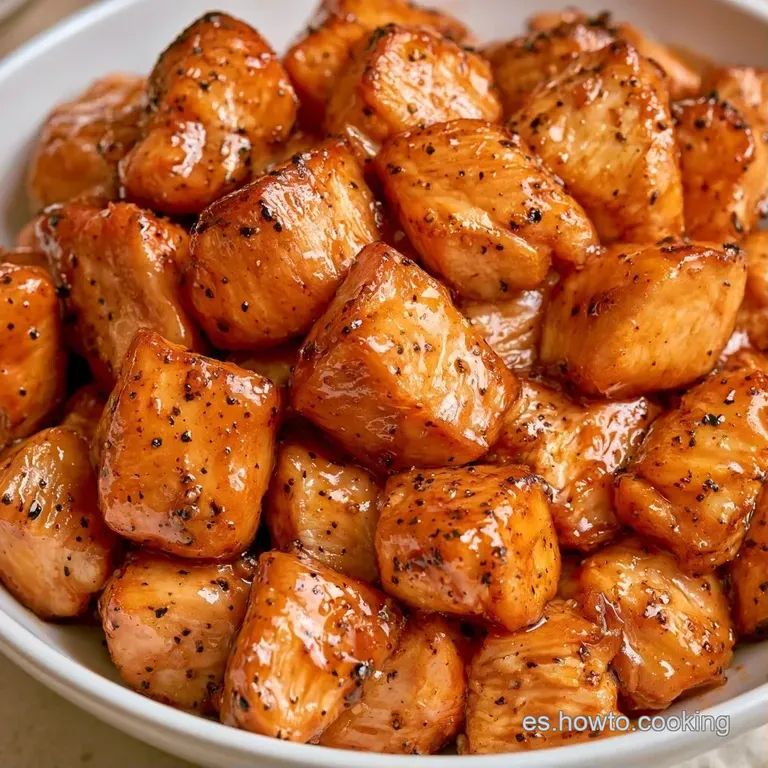 Filetes de pollo jugosos con glaseado brillante de pimienta negra, dispuestos simétricamente en un plato de cerámica.