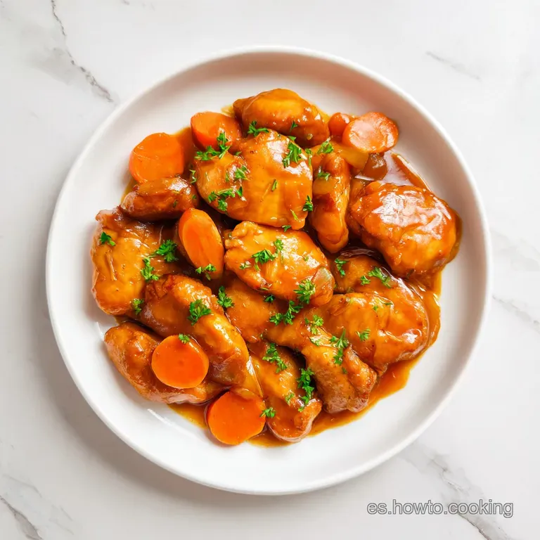 Piezas de pollo jugoso con salsa brillante y cremosa, servidas en plato de cer&aacute;mica con un toque de hierbas verdes frescas.
