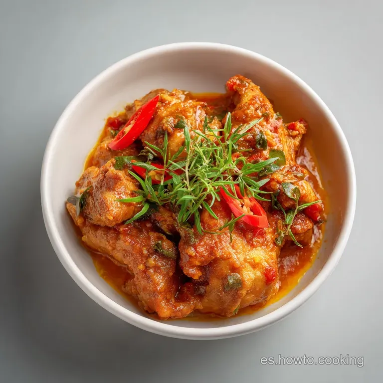 A generous portion of tender chicken bathed in a rustic red sauce, served with fluffy rice and a sprig of cilantro.
