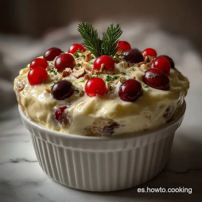 Elegant serving of creamy dessert in a clear glass, garnished with fresh berries and a dusting of powdered sugar, delightful.