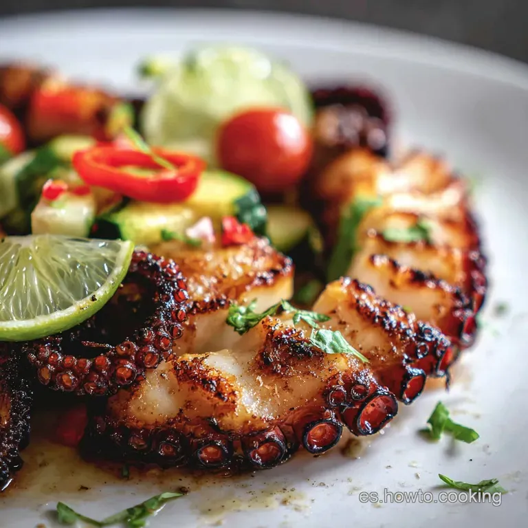 Perfectly seared octopus tentacle plated with vibrant greens and a sprinkle of red pepper flakes on crisp white china.