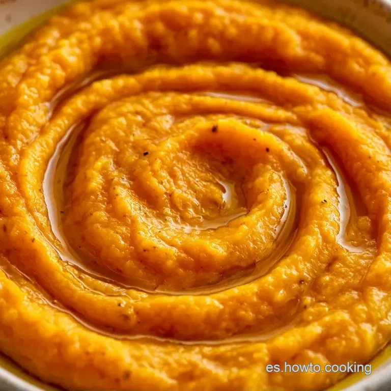 Crema suave de color anaranjado en plato hondo, decorada con un hilo de aceite de oliva y semillas tostadas encima.