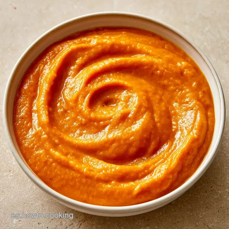Plato hondo con crema naranja vibrante, un hilo de aceite de oliva brillante y una ramita de perejil fresco encima.