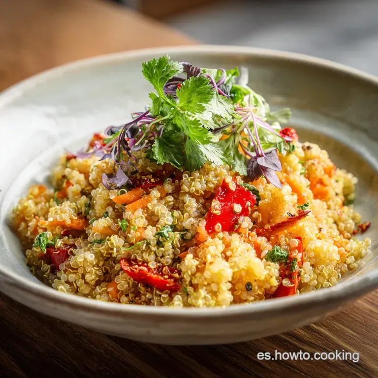 Steaming quinoa and vegetable dish artfully arranged on a white plate, garnished with fresh herbs and a drizzle of bright ...