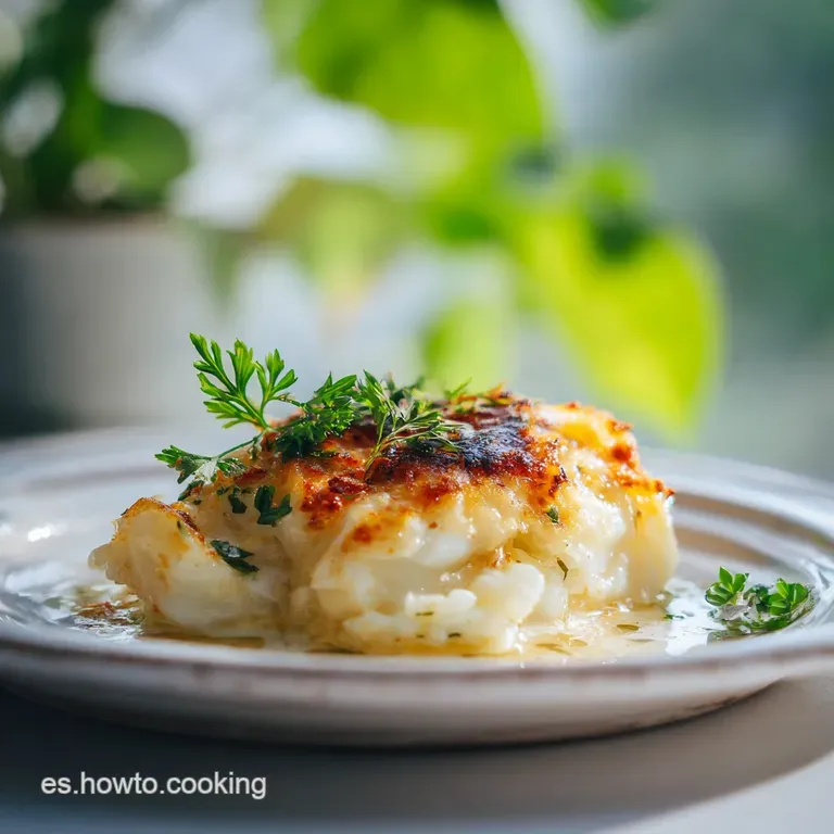 A mound of creamy, golden bacalao dorado is garnished with bright parsley, contrasted against a white plate.