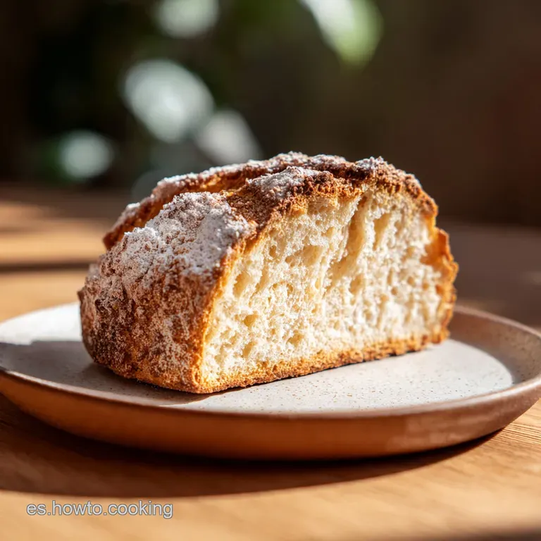 Slice of fluffy Bica Gallega on a white plate, dusted with powdered sugar. Warm inviting tones suggest a comforting treat.