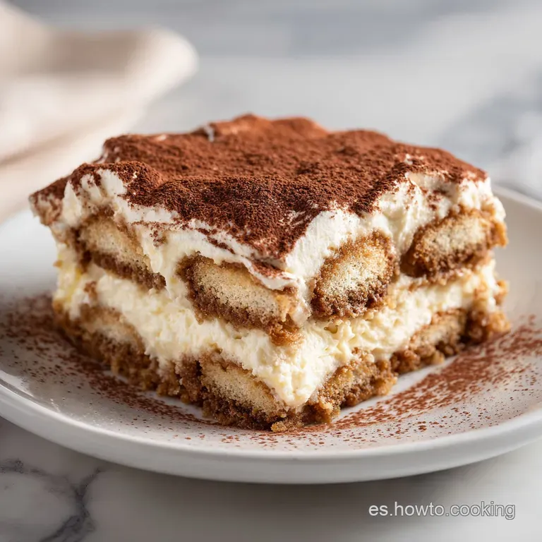 A square slice of tiramisu on a white plate, topped with a delicate cocoa powder dusting.