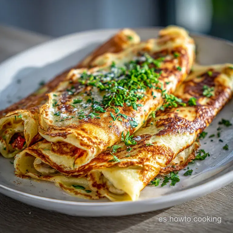 Elegantly plated savory crepe, showcasing its delicate lace pattern and rich filling. Drizzled sauce adds a glossy finish....